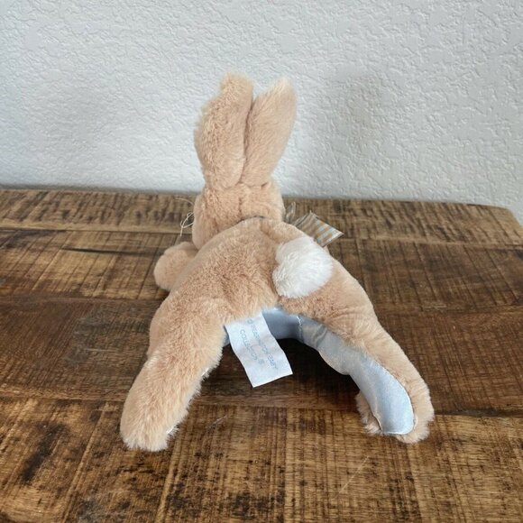 Bearington Baby Tan Bunny Rabbit Blue Satin Tummy Plush Rattle Stuffed Animal - Picture 4 of 8